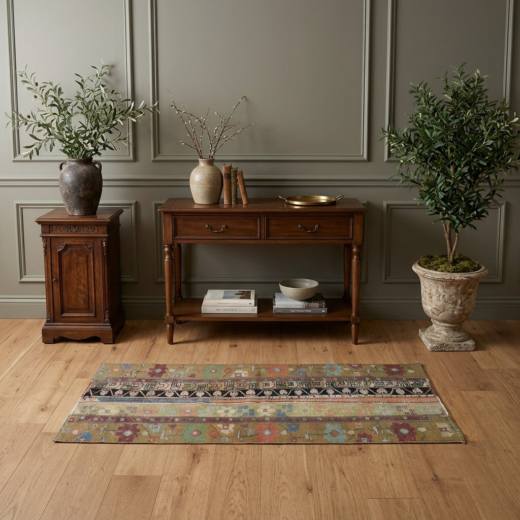 Patchwork pattern on the Leucolyra vintage patchwork runner rug – handmade in Anatolia, Turkey