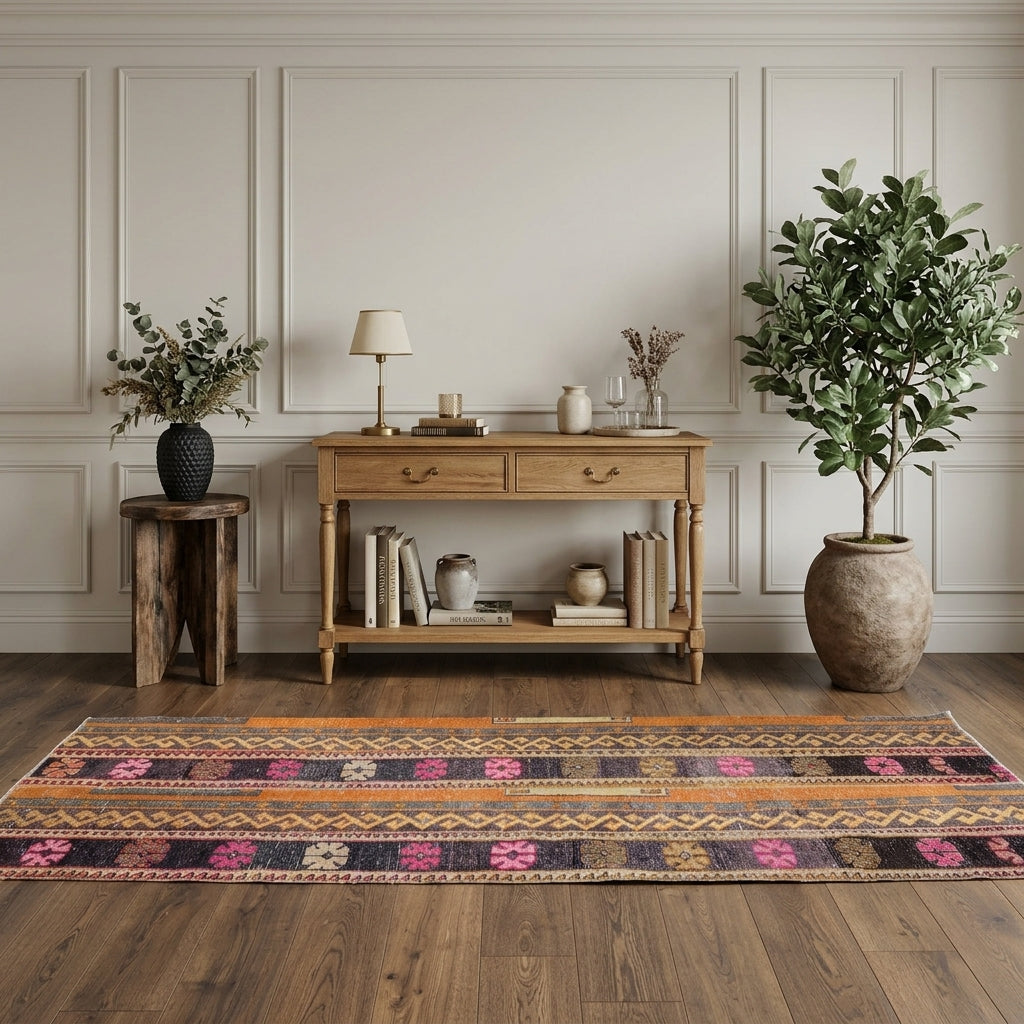 Patchwork pattern on the Lebedos vintage patchwork runner rug – handmade in Anatolia, Turkey