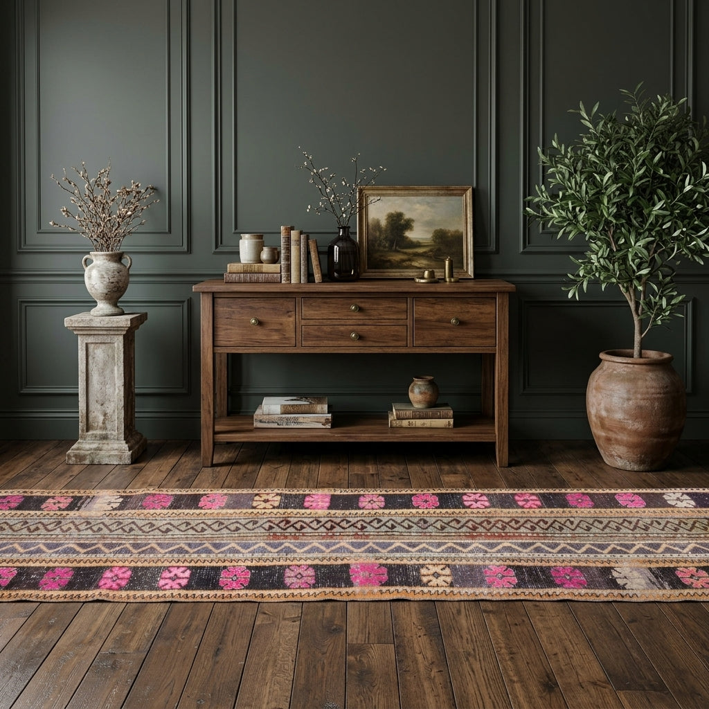 Ikat pattern on the Kyrichoria vintage patchwork runner rug – handmade in Anatolia, Turkey