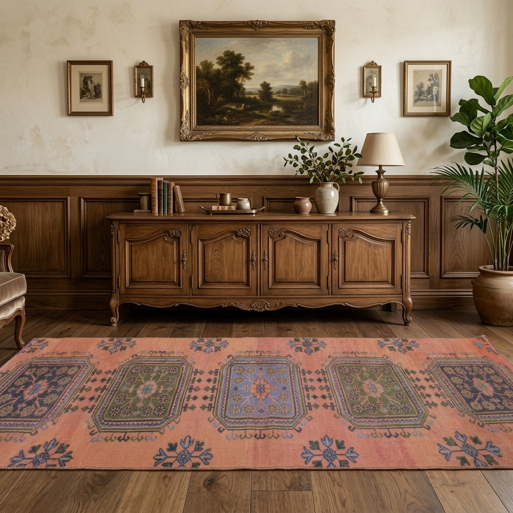 Floral pattern on the Kleolampe vintage runner rug – handmade in Anatolia, Turkey