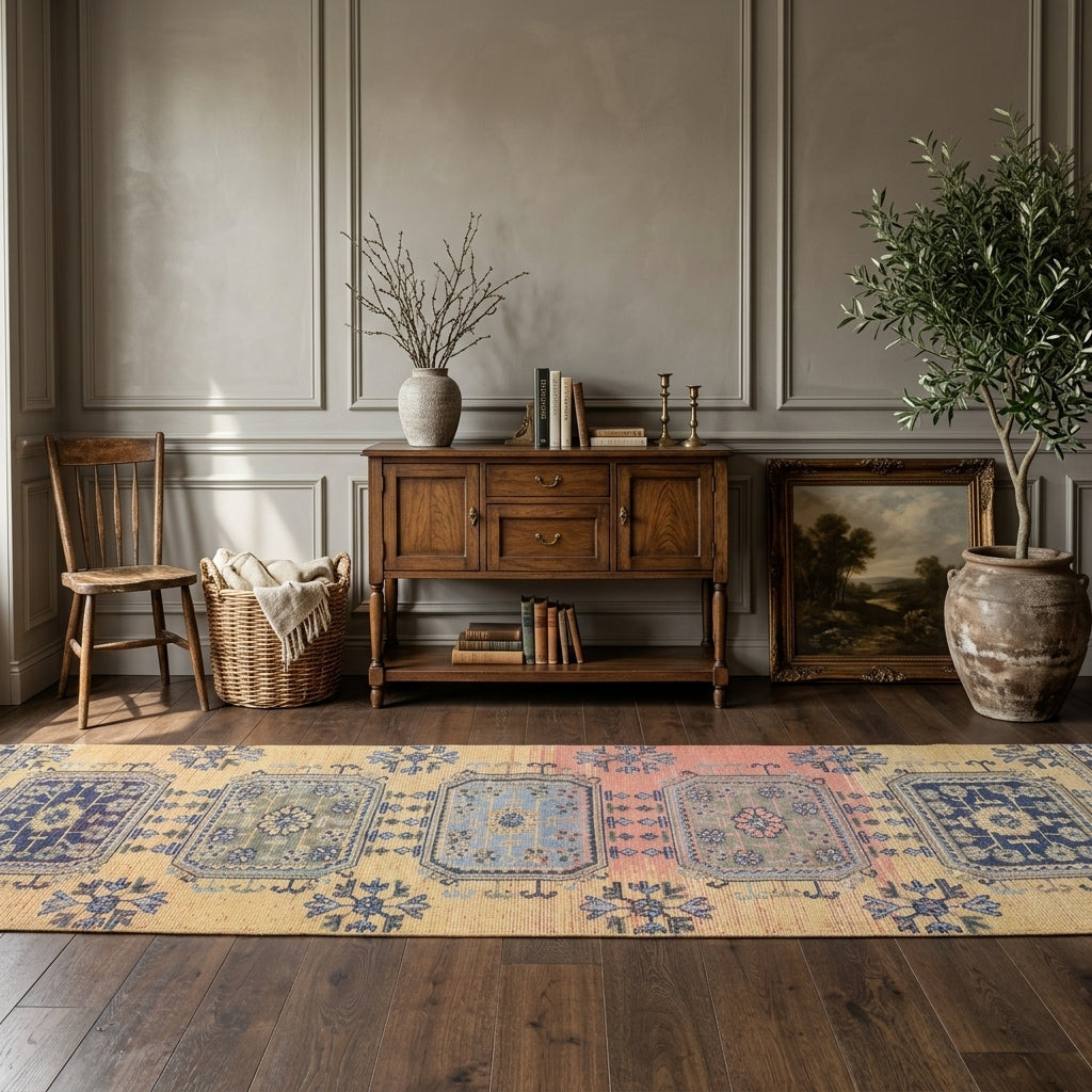 Floral pattern on the Kayakoy vintage runner rug – handmade in Anatolia, Turkey