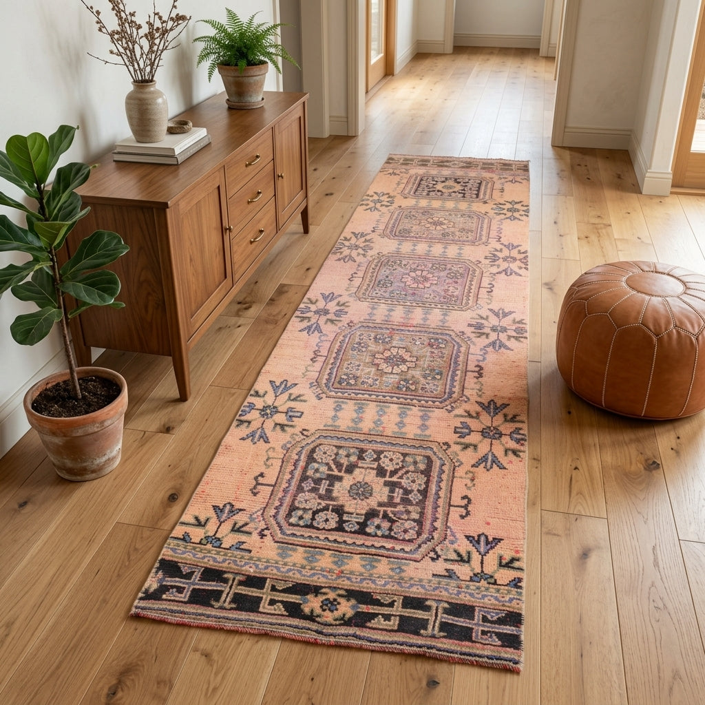 Floral pattern on the Karanfilcihan vintage kilim runner rug – handwoven flatweave in Anatolia, Turkey