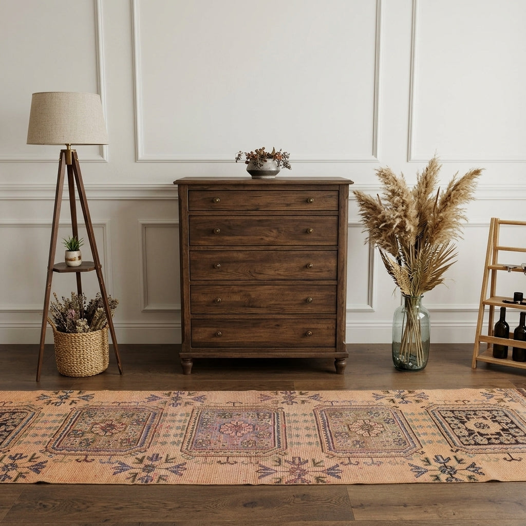 Floral pattern on the Karanfilcihan vintage kilim runner rug – handwoven flatweave in Anatolia, Turkey