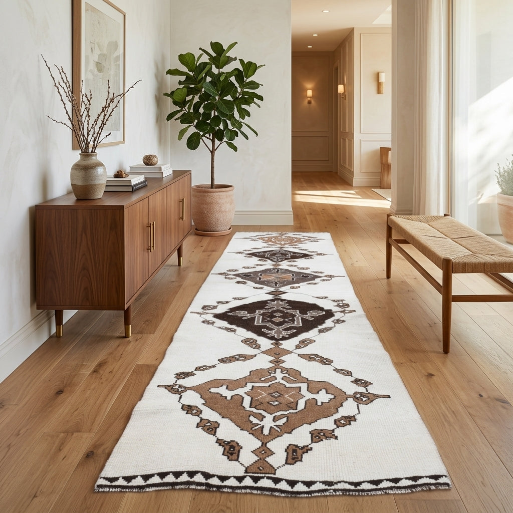 Geometric pattern on the Iristhene vintage runner rug – handmade in Anatolia, Turkey