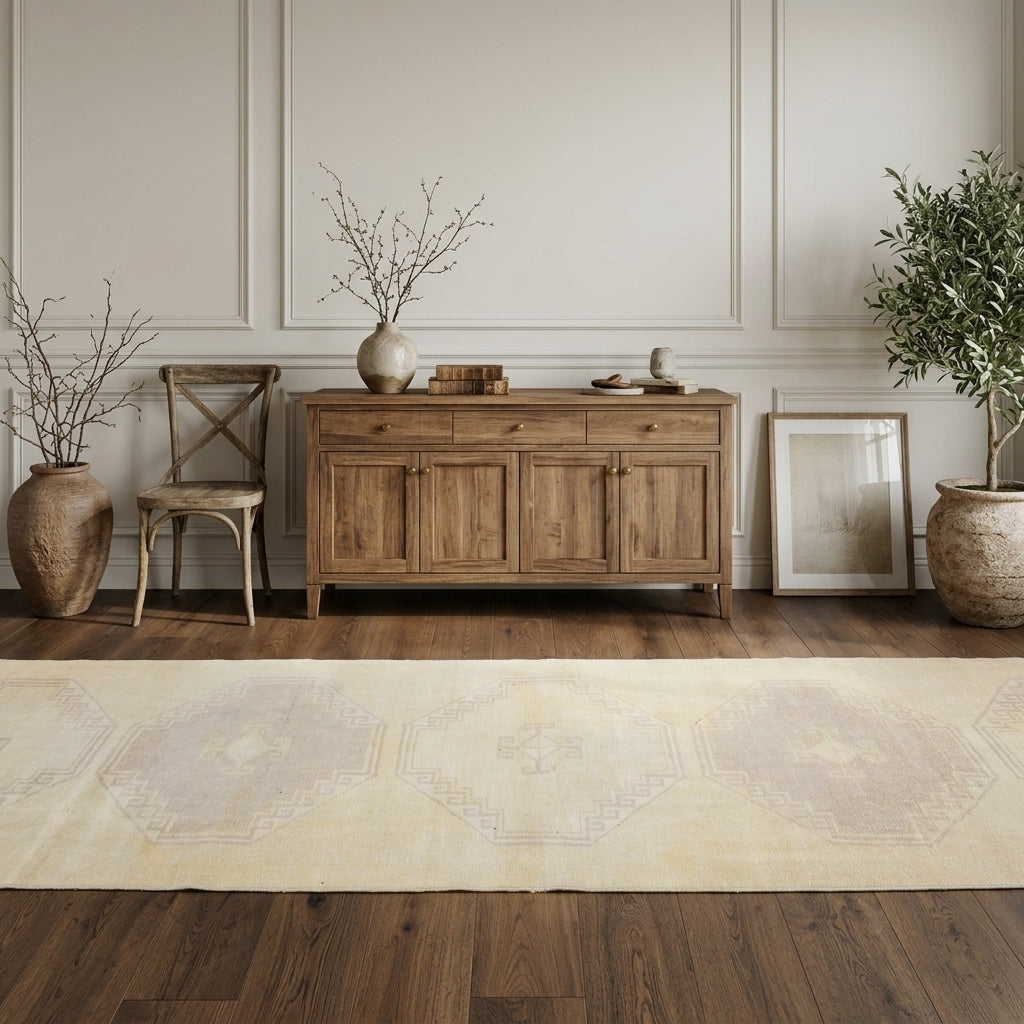 Geometric pattern on the Hippocharis antique washed vintage runner rug – handmade in Anatolia, Turkey