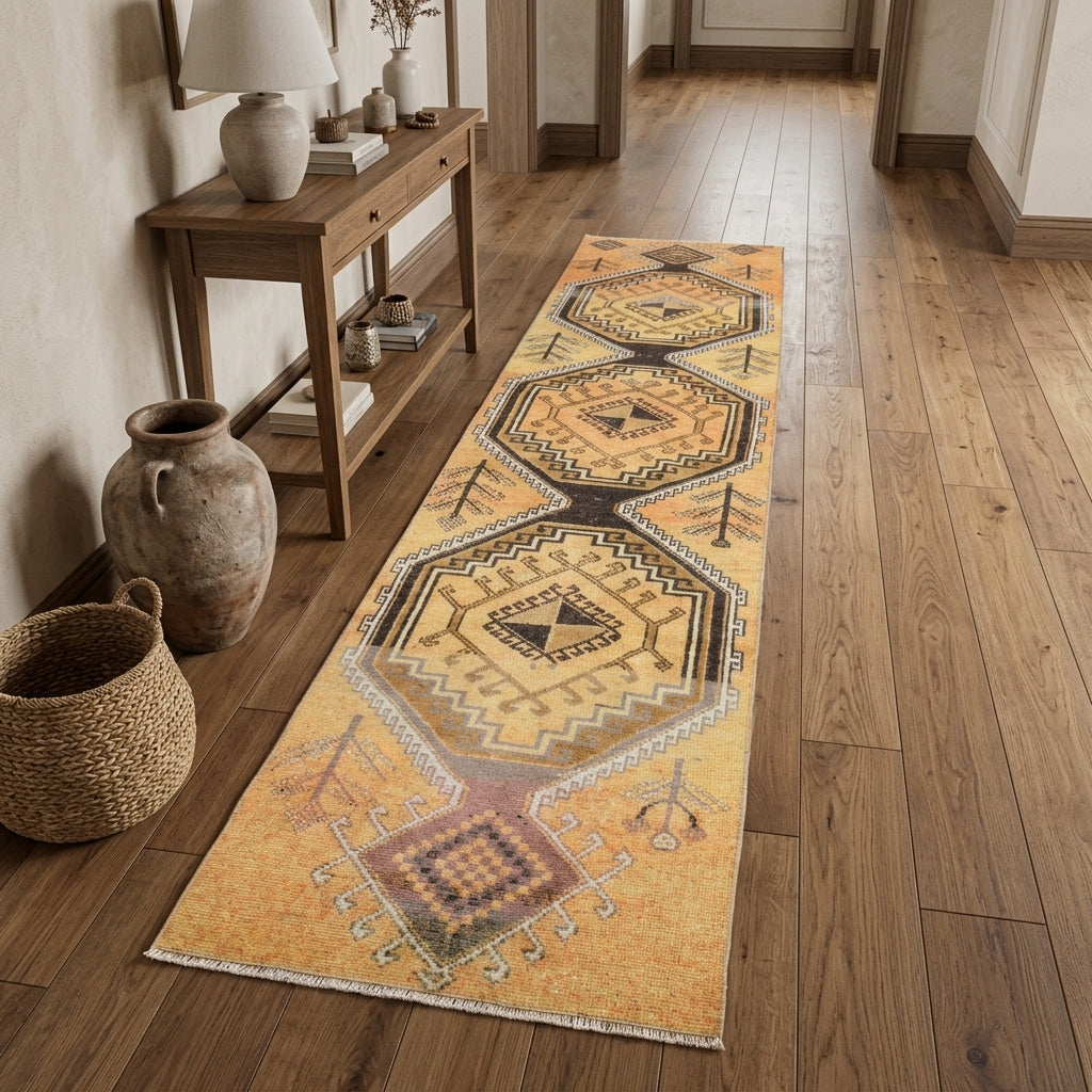 Tribal pattern on the Hilalpare vintage runner rug – handmade in Anatolia, Turkey