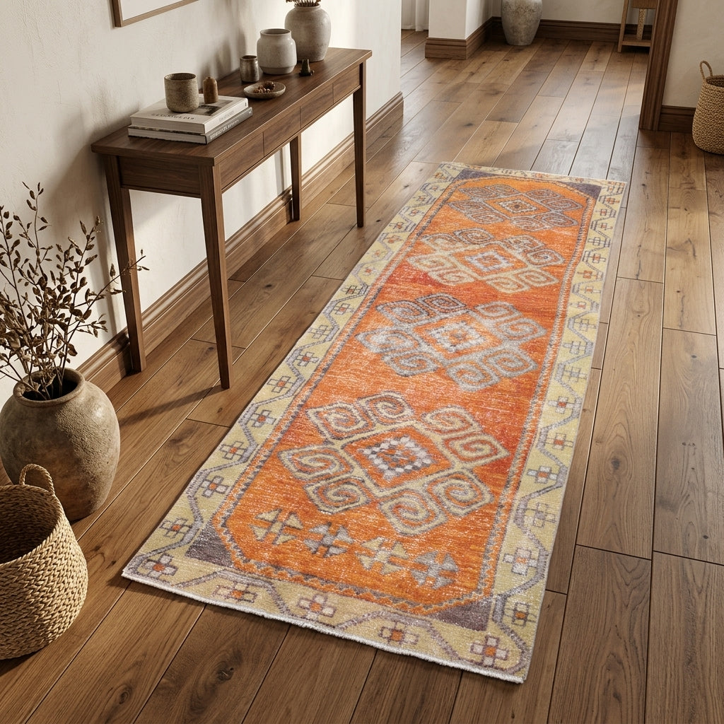 Tribal pattern on the Gulsever vintage runner rug – handmade in Anatolia, Turkey