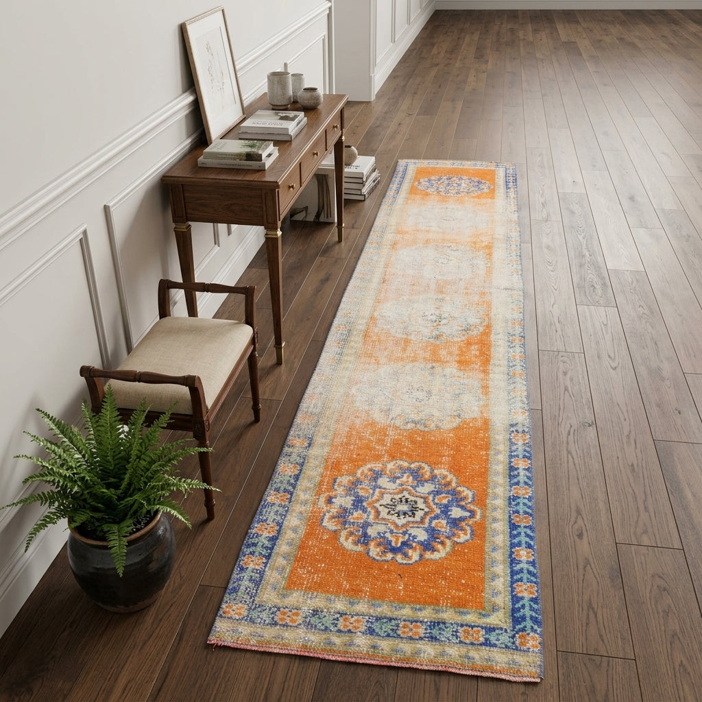 Oriental pattern on the Goncaefsan distressed vintage runner rug – handmade in Anatolia, Turkey