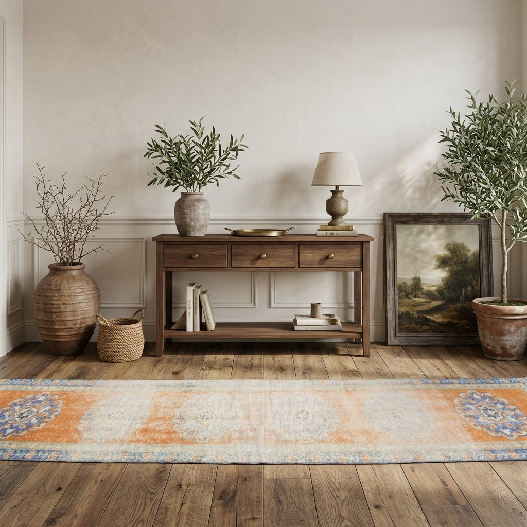 Oriental pattern on the Goncaefsan distressed vintage runner rug – handmade in Anatolia, Turkey