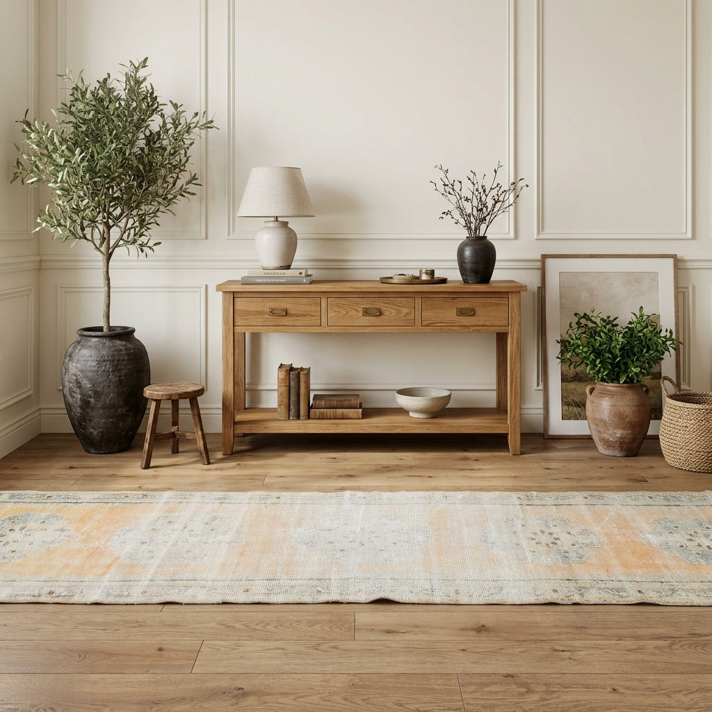 Oriental pattern on the Goksugul antique washed vintage runner rug – handmade in Anatolia, Turkey