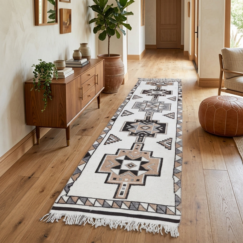 Ikat pattern on the Emelnur vintage runner rug – handmade in Anatolia, Turkey