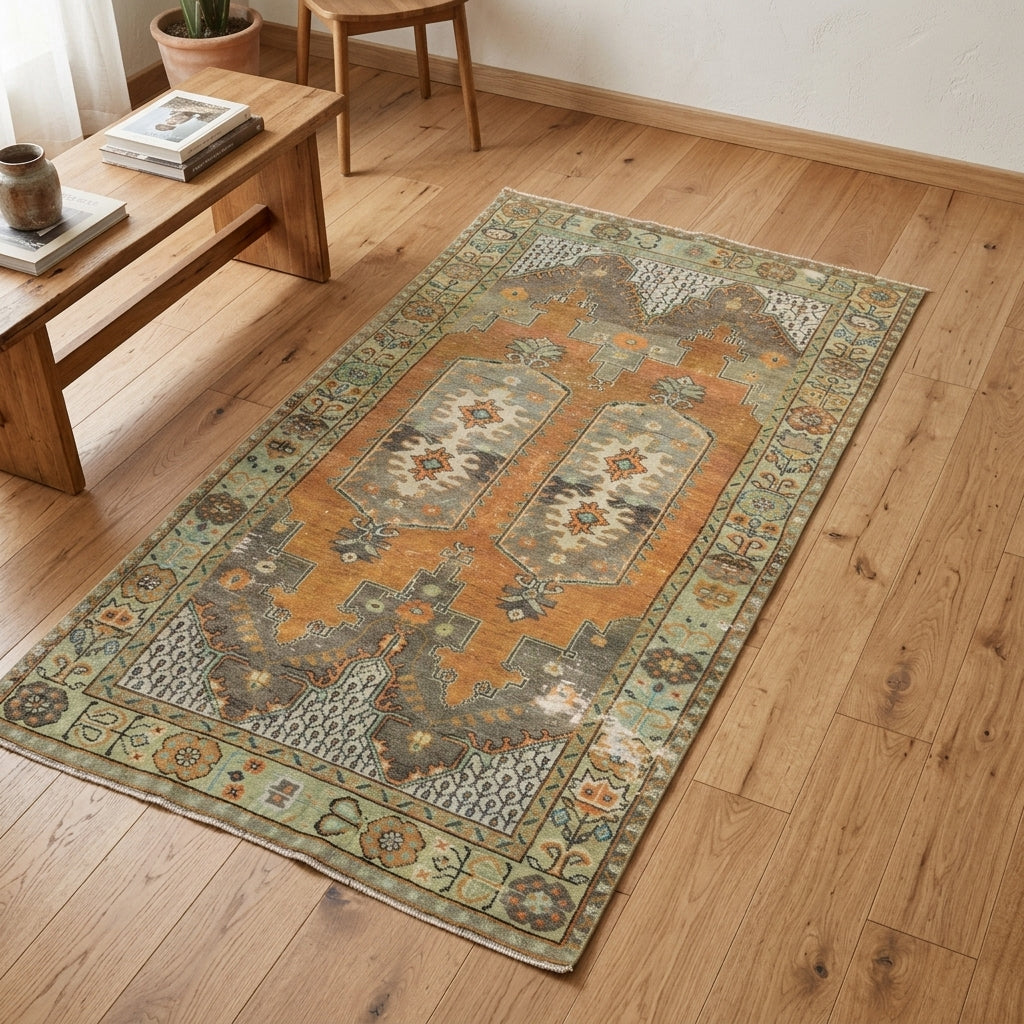 Oriental pattern on the Eope vintage area rug – handmade in Anatolia, Turkey