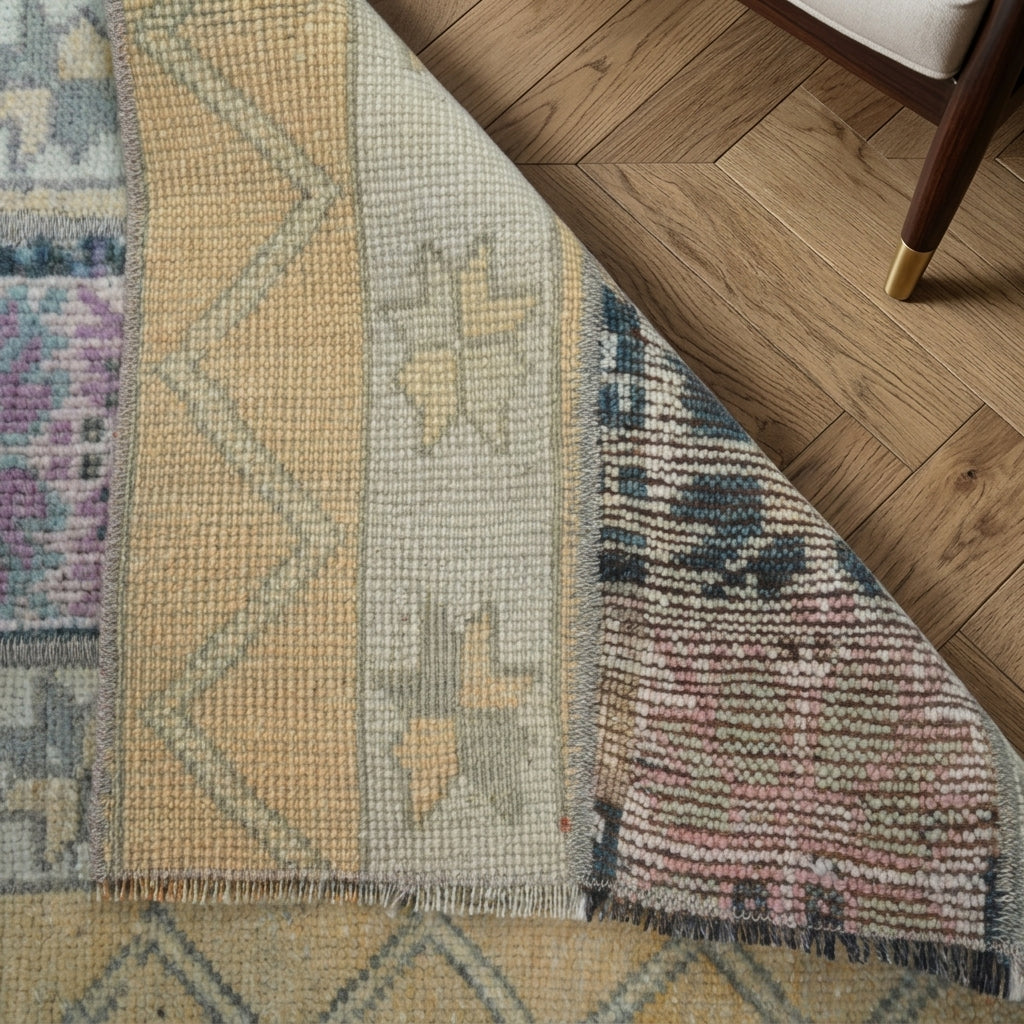 Ikat pattern on the Ilginefsan vintage patchwork runner rug – handmade in Anatolia, Turkey