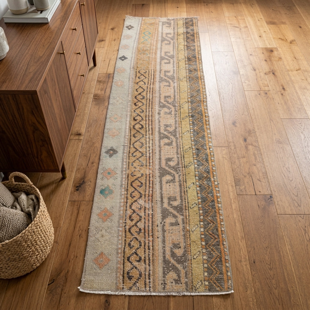 Ikat pattern on the Husnil vintage patchwork runner rug – handmade in Anatolia, Turkey