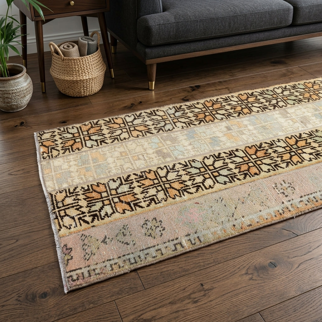 Ikat pattern on the Ilginyaz vintage patchwork runner rug – handmade in Anatolia, Turkey
