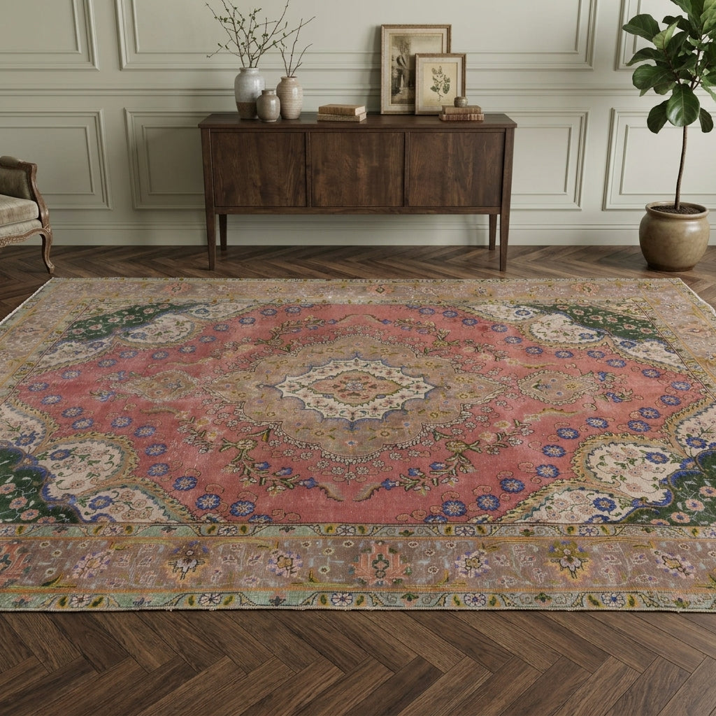 Oriental pattern on the Glaucophrosyne vintage area rug – handmade in Anatolia, Turkey