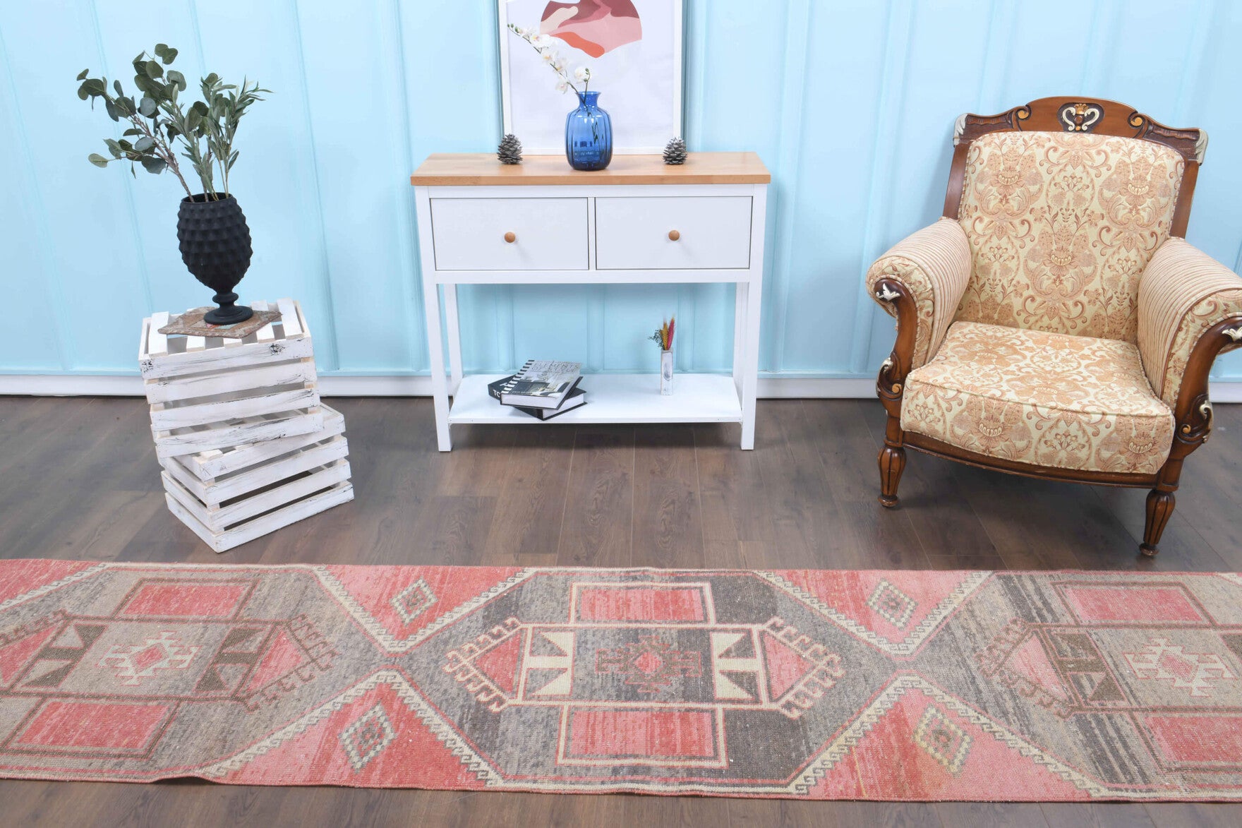 Pervamelek runner: 1970s handmade Anatolian runner with geometric motifs and cotton backing