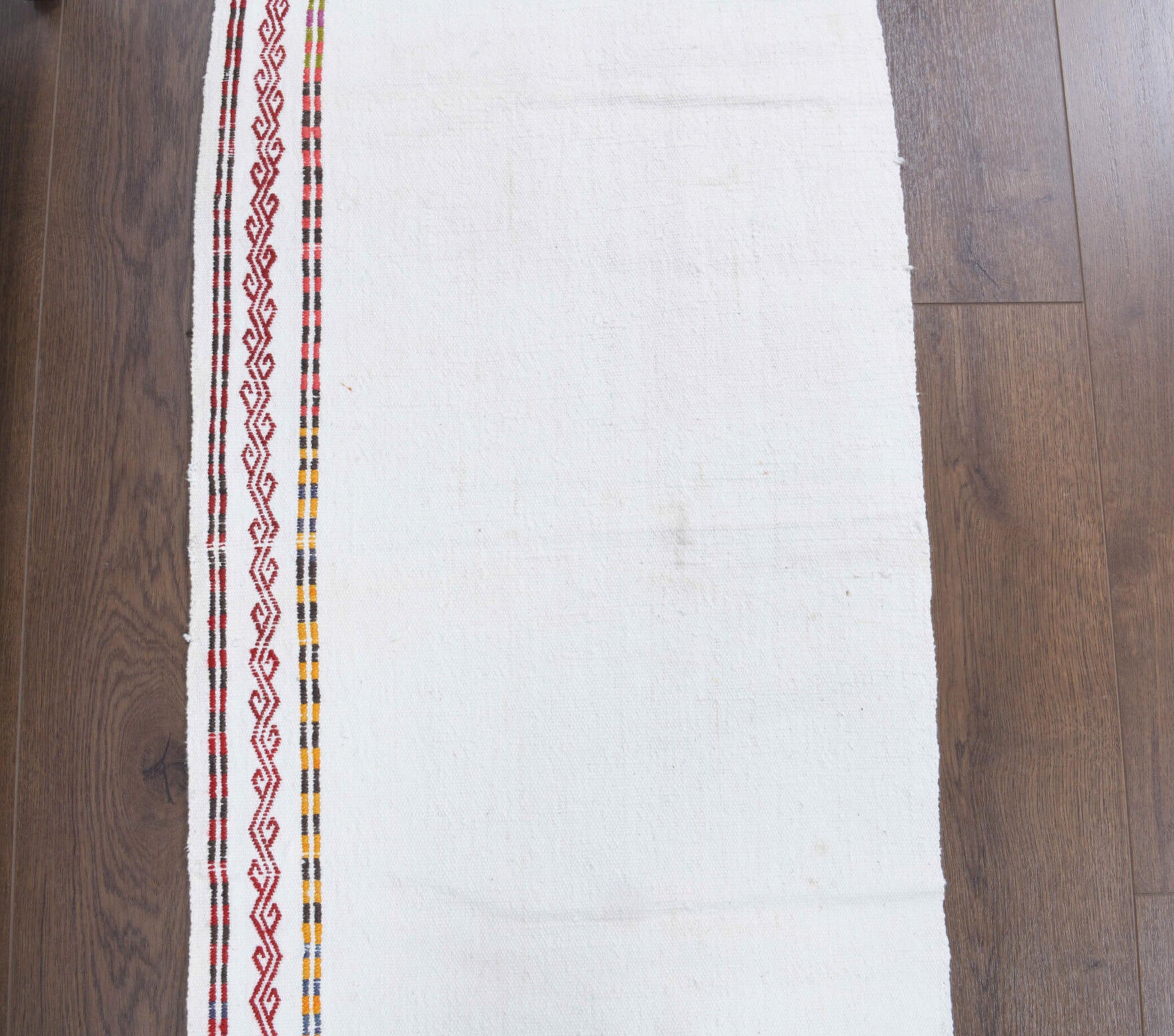 Pelagoboule kilim: 1970s handwoven flatweave Anatolian kilim with solid motifs and cotton backing