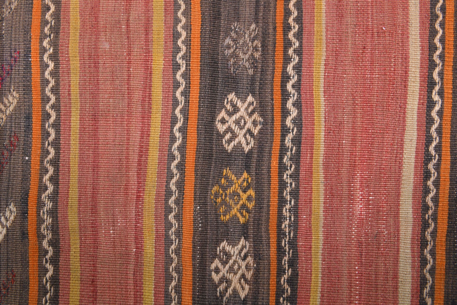 Zephyrophyllis runner: 1960s handwoven flatweave Anatolian runner with striped motifs and kilim backing