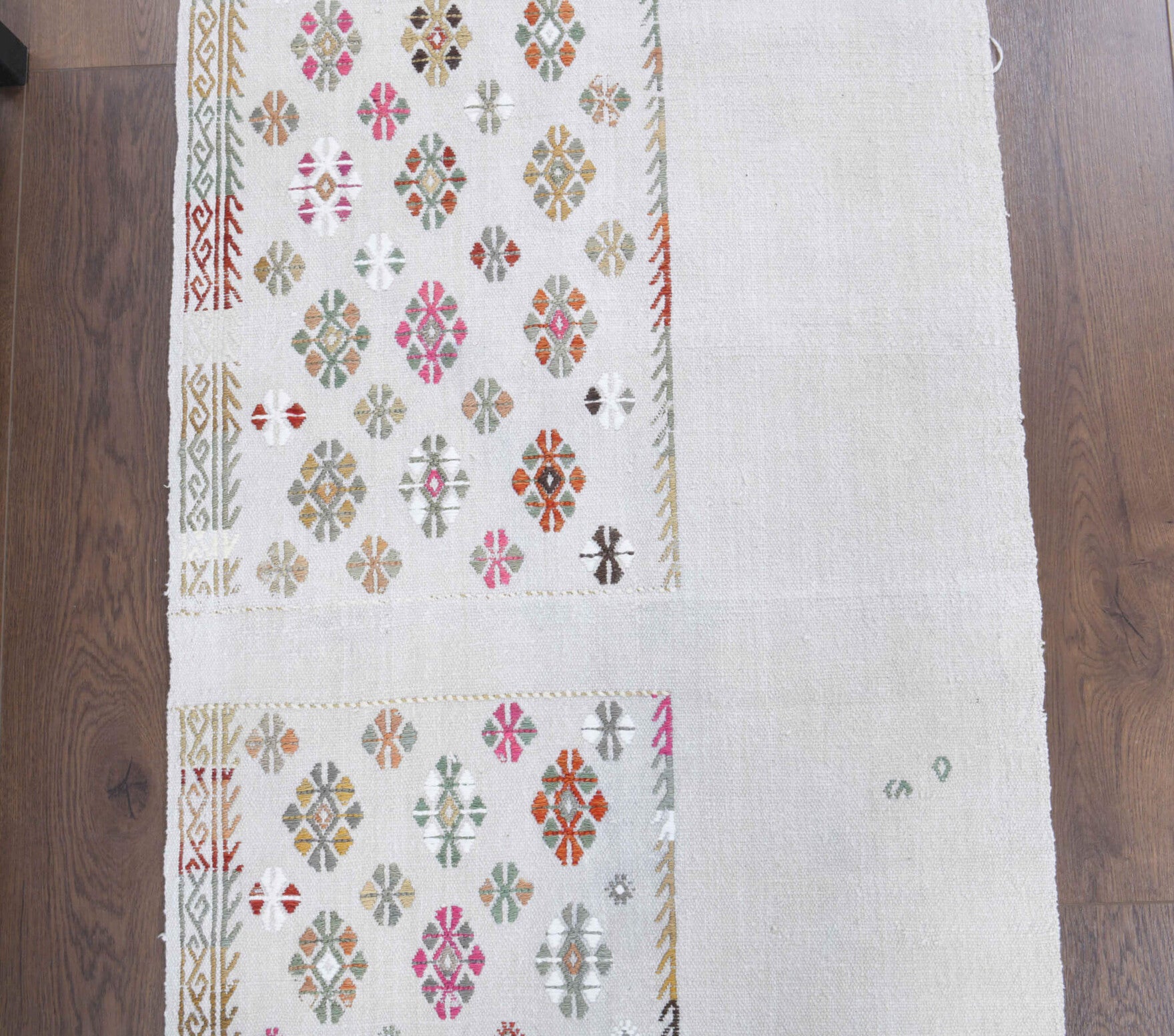 Theodike runner: 1960s handwoven flatweave Anatolian runner with solid motifs