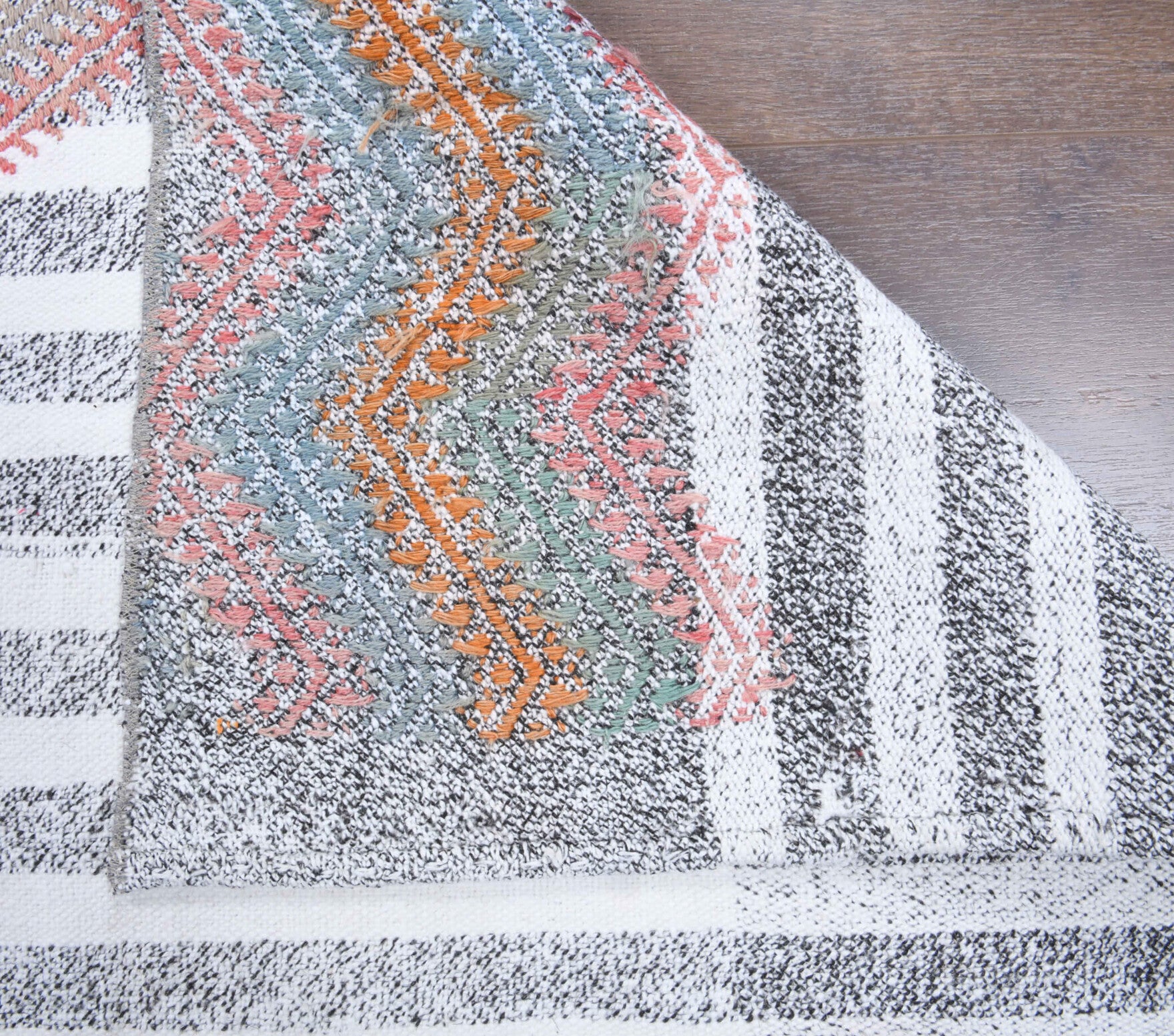 Takuhi runner: 1960s handwoven flatweave Anatolian runner with striped motifs and cotton backing