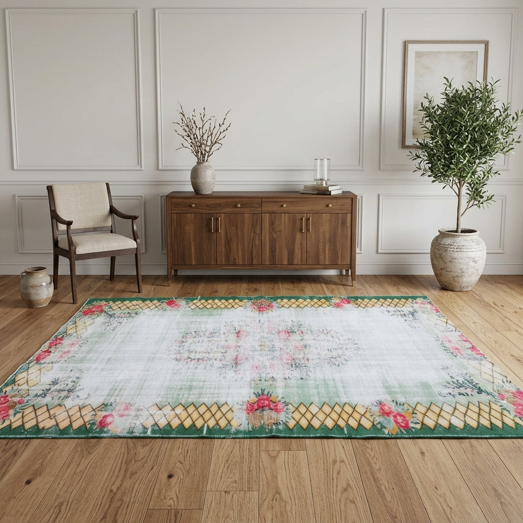 Oriental pattern on the Irimelpe distressed vintage area rug – handmade in Anatolia, Turkey