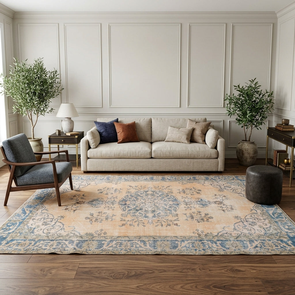 Oriental pattern on the Iasonome antique washed vintage area rug – handmade in Anatolia, Turkey
