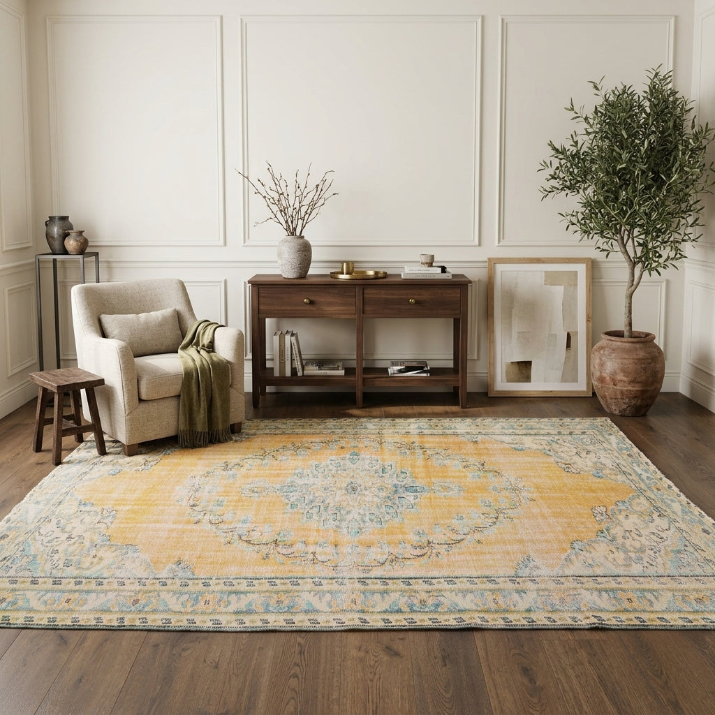 Oriental pattern on the Ioniaboule vintage area rug – handmade in Anatolia, Turkey