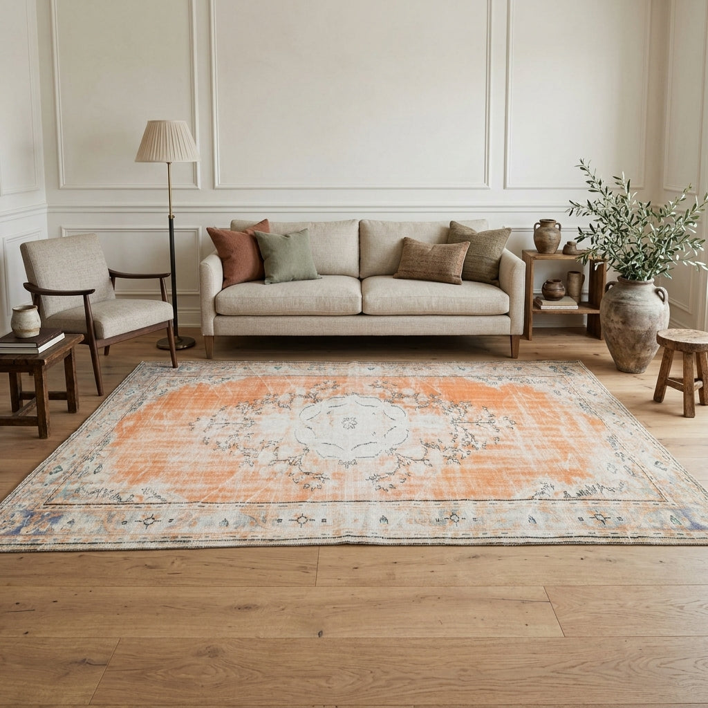 Oriental pattern on the Nimetnur distressed vintage area rug – handmade in Anatolia, Turkey