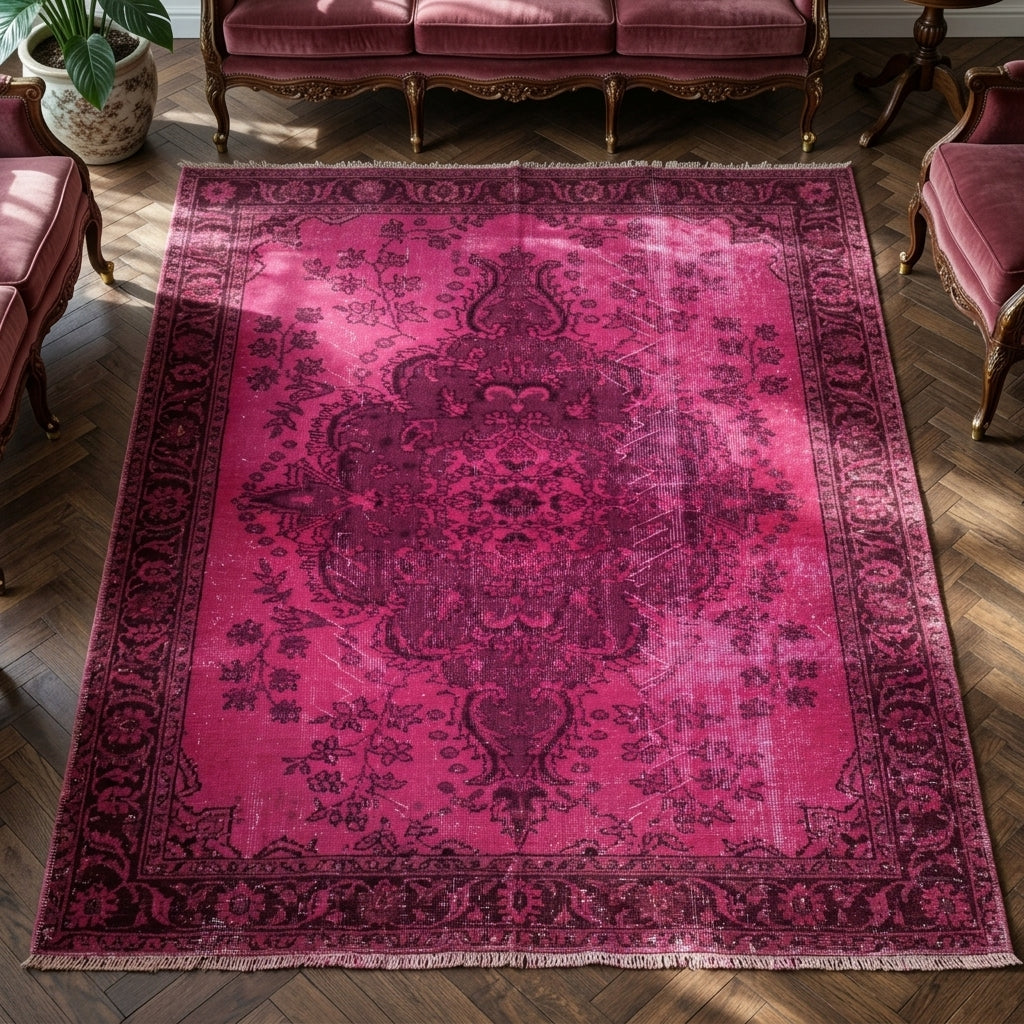 Oriental pattern on the Kalogenia overdyed vintage area rug – handmade in Anatolia, Turkey