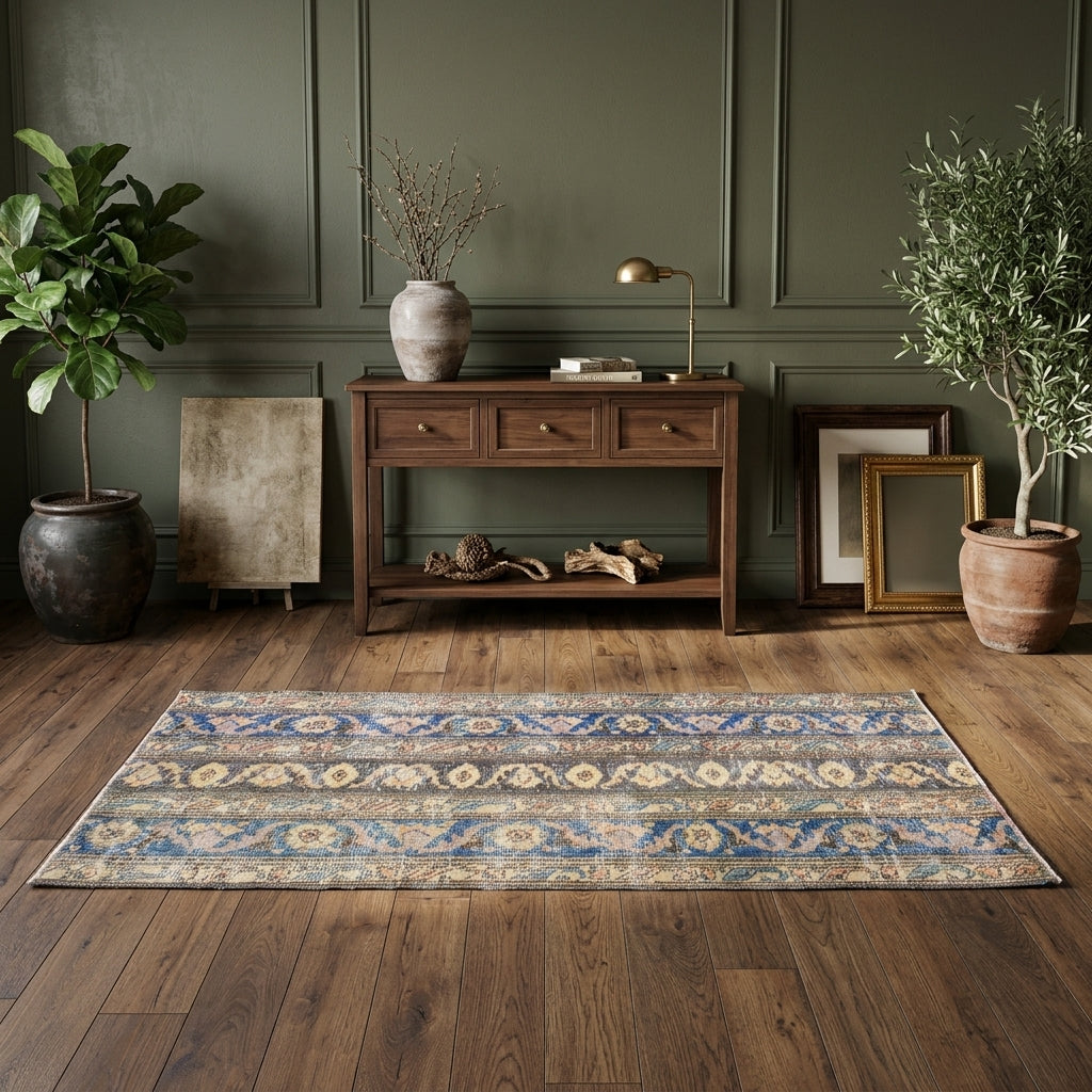 Ikat pattern on the Astrapnoe vintage patchwork runner rug – handmade in Anatolia, Turkey