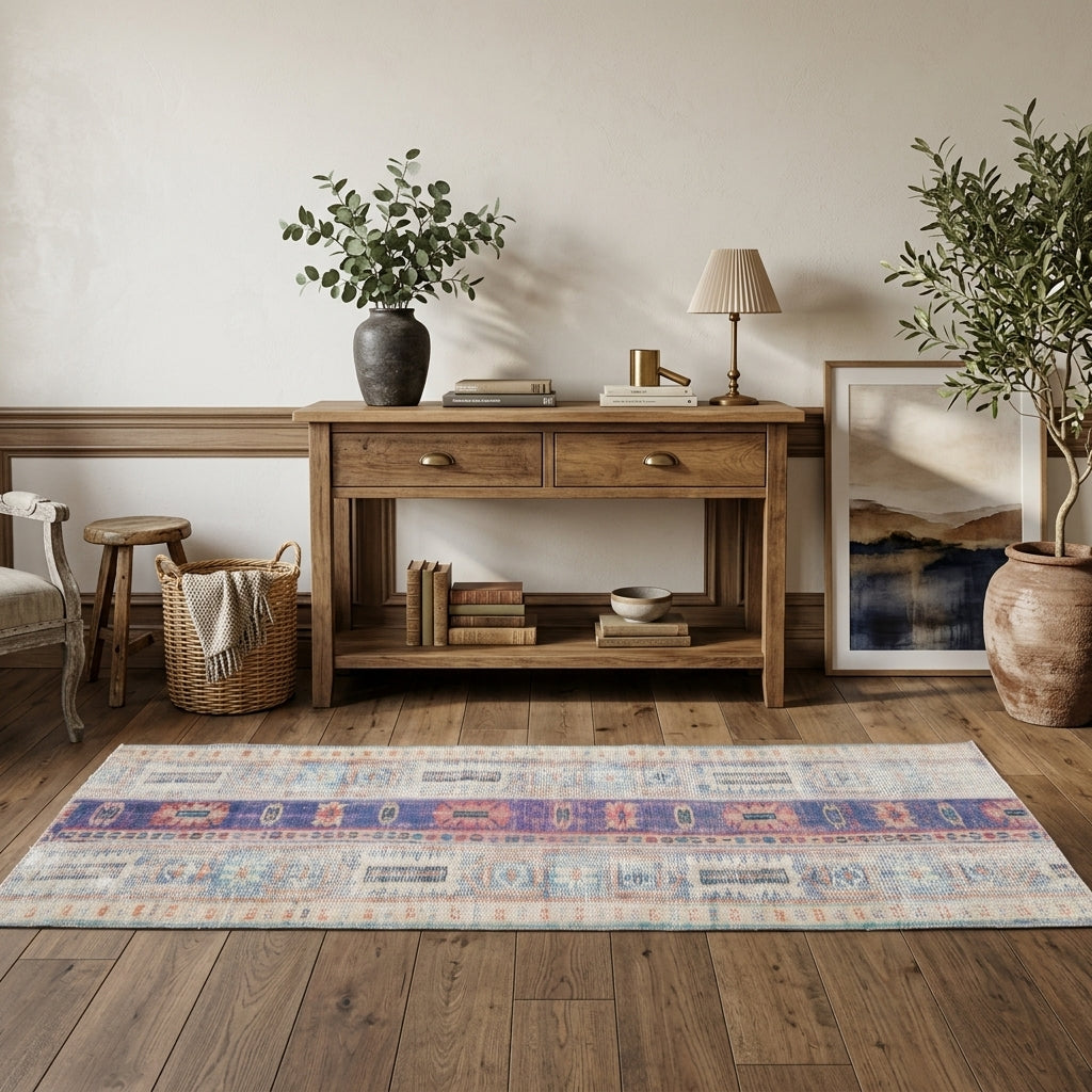 Ikat pattern on the Astrakrateia vintage patchwork runner rug – handmade in Anatolia, Turkey