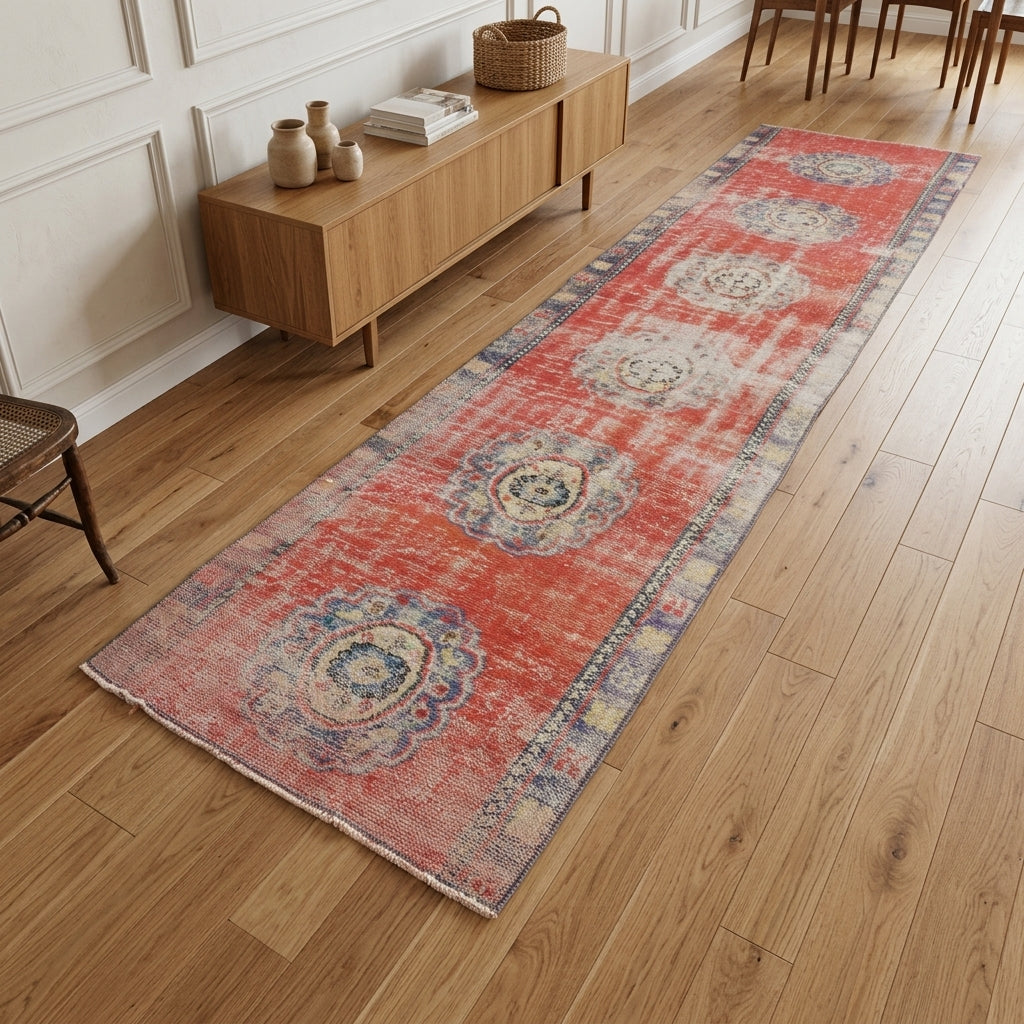 Oriental pattern on the Durusema distressed vintage runner rug – handmade in Anatolia, Turkey