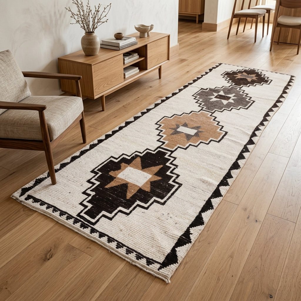 Geometric pattern on the Durusel vintage runner rug – handmade in Anatolia, Turkey