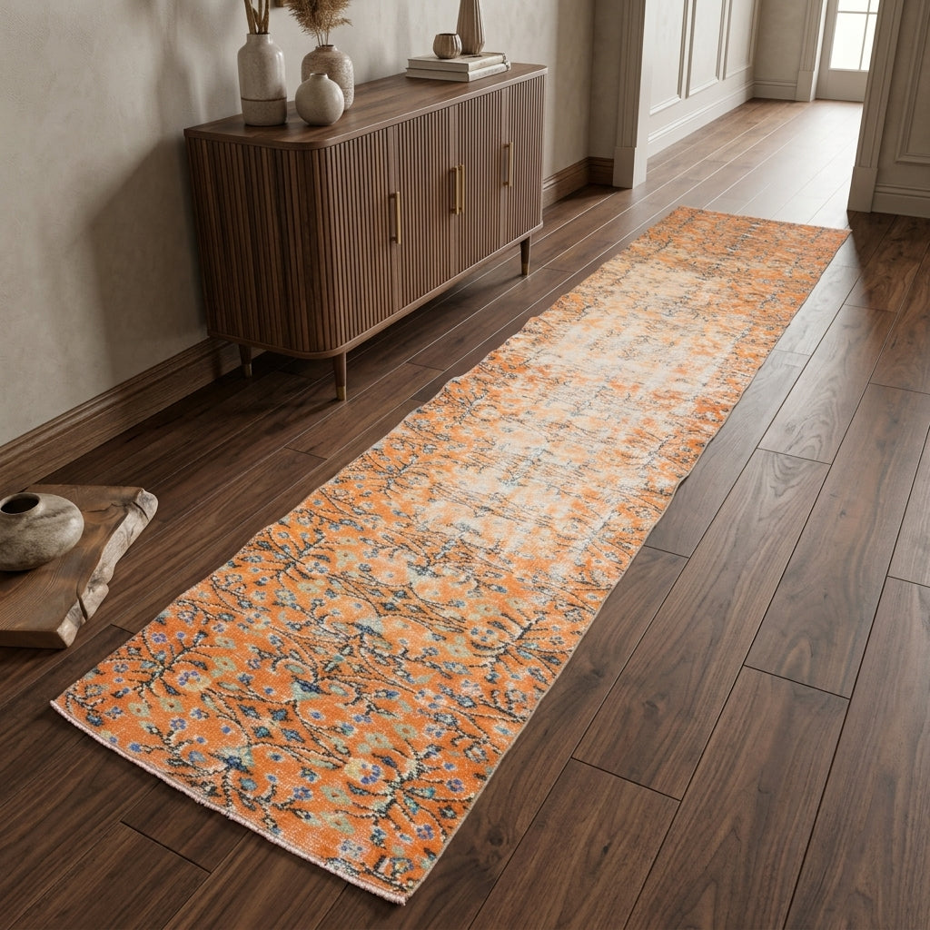 Floral pattern on the Defnenihal vintage runner rug – handmade in Anatolia, Turkey