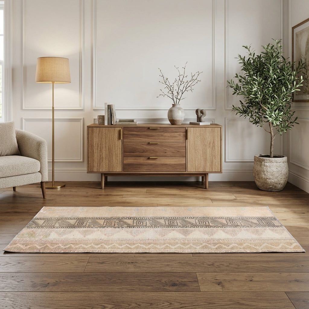 Ikat pattern on the Aristodora vintage patchwork runner rug – handmade in Anatolia, Turkey