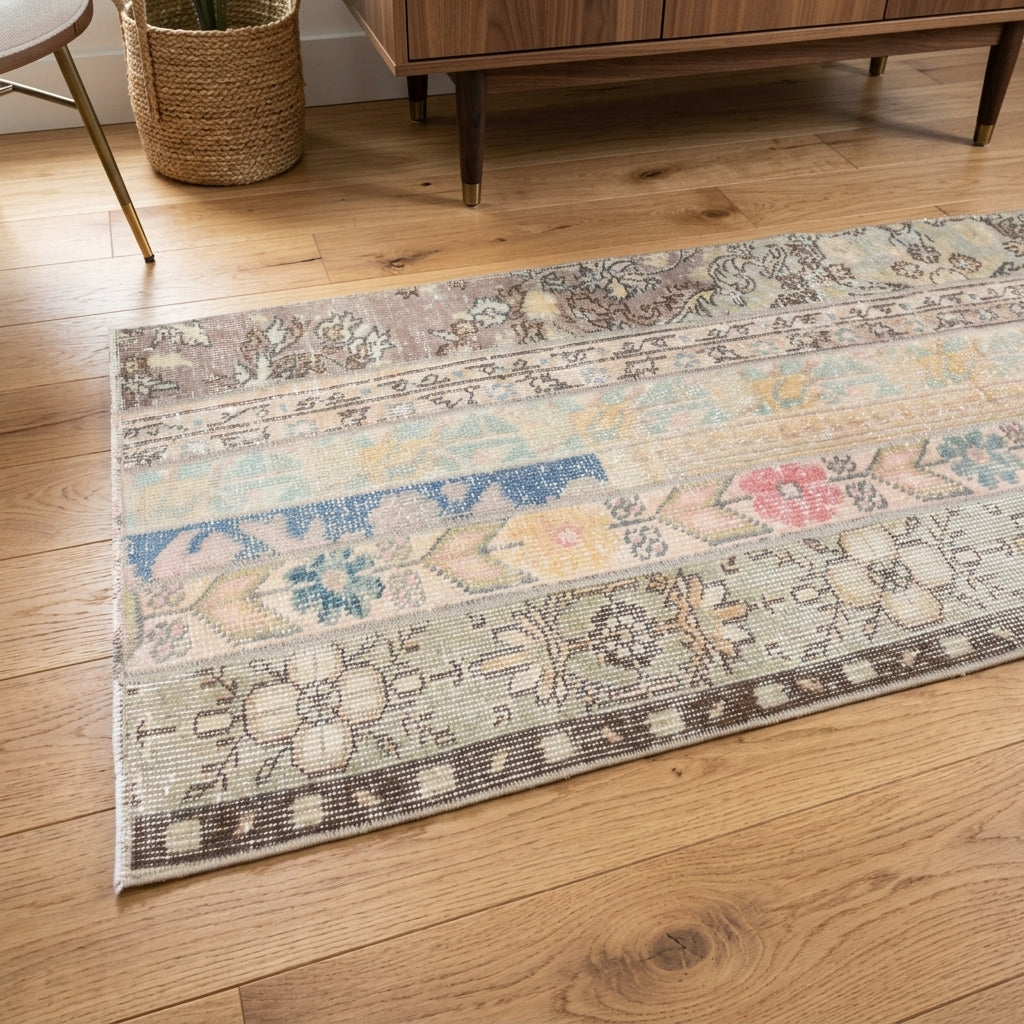 Oriental pattern on the Ardiccihan vintage patchwork runner rug – handmade in Anatolia, Turkey