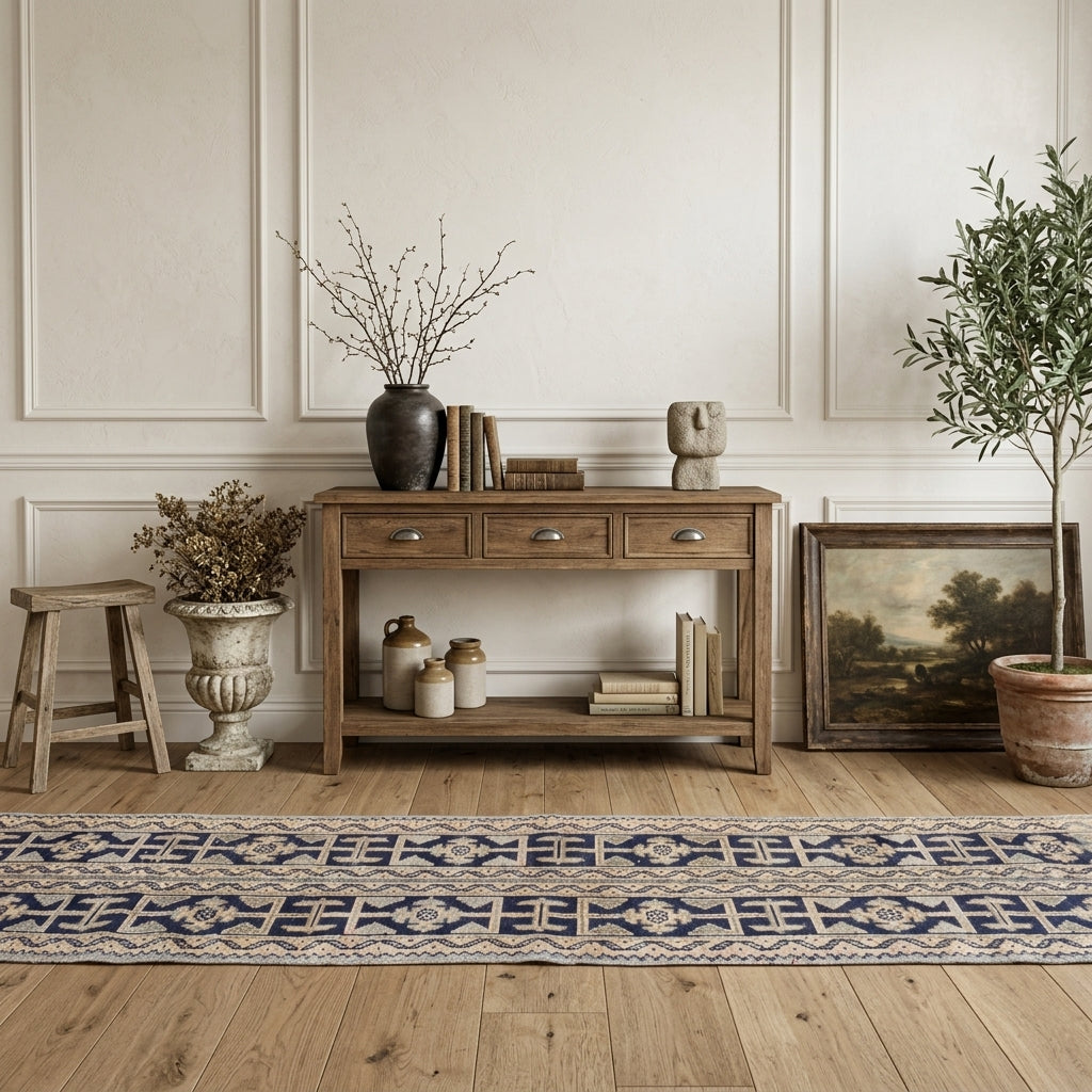 Ikat pattern on the Ambrolampe vintage patchwork runner rug – handmade in Anatolia, Turkey