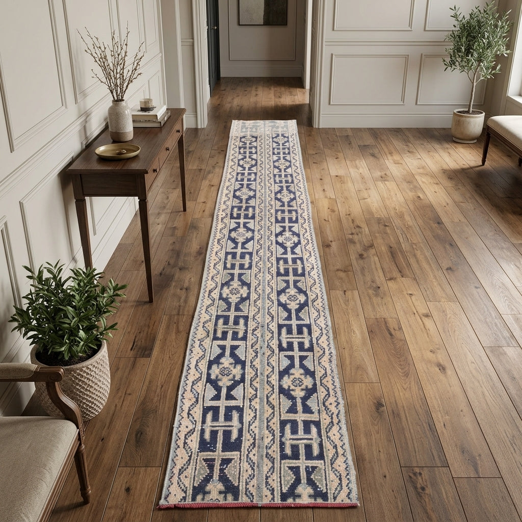Ikat pattern on the Ambrolampe vintage patchwork runner rug – handmade in Anatolia, Turkey