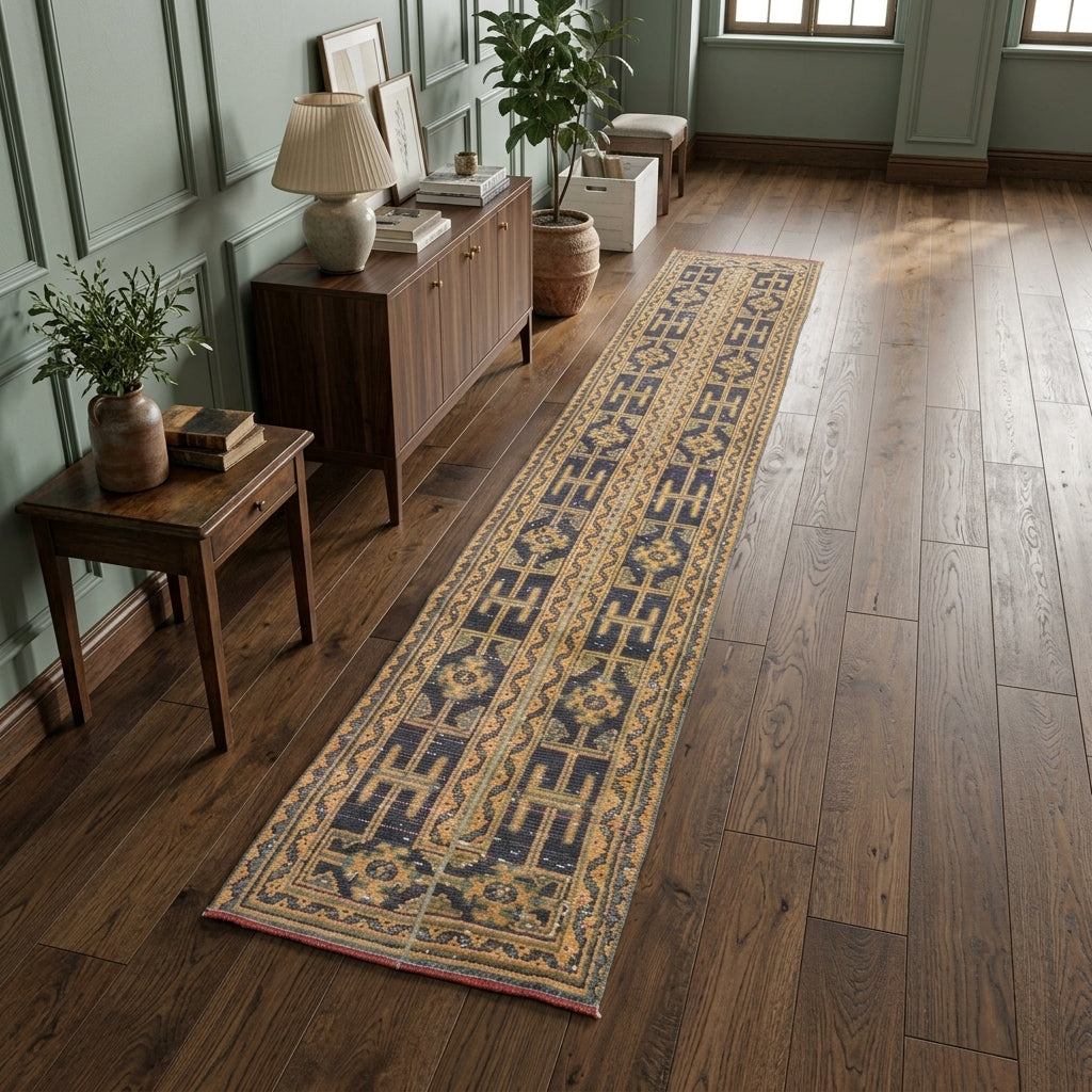 Ikat pattern on the Amaranththalia vintage patchwork runner rug – handmade in Anatolia, Turkey