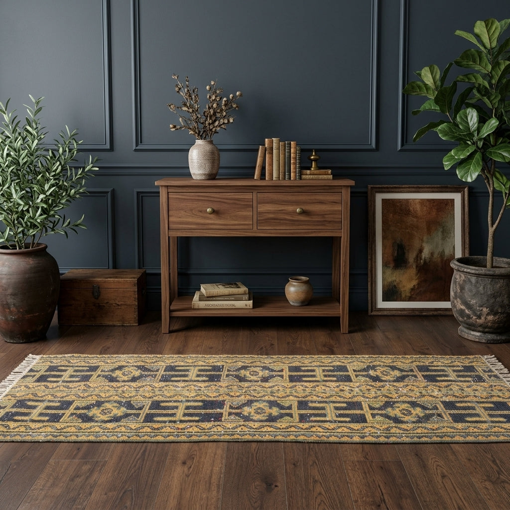 Ikat pattern on the Amaranththalia vintage patchwork runner rug – handmade in Anatolia, Turkey