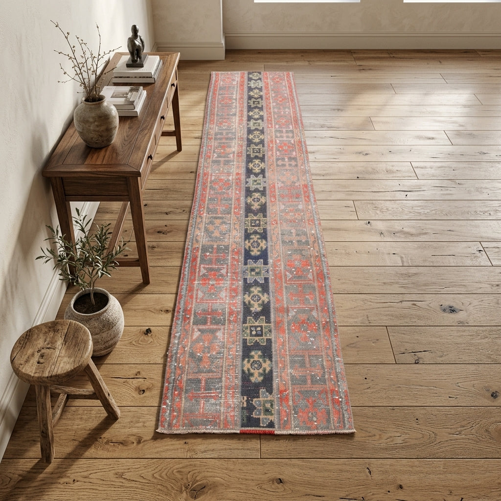 Ikat pattern on the Alevnaz vintage patchwork runner rug – handmade in Anatolia, Turkey
