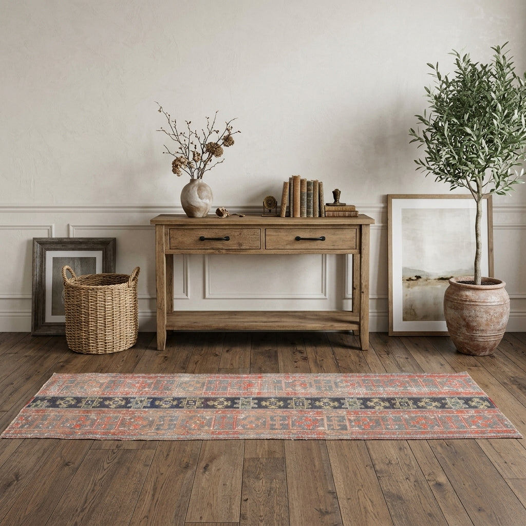 Ikat pattern on the Alevnaz vintage patchwork runner rug – handmade in Anatolia, Turkey