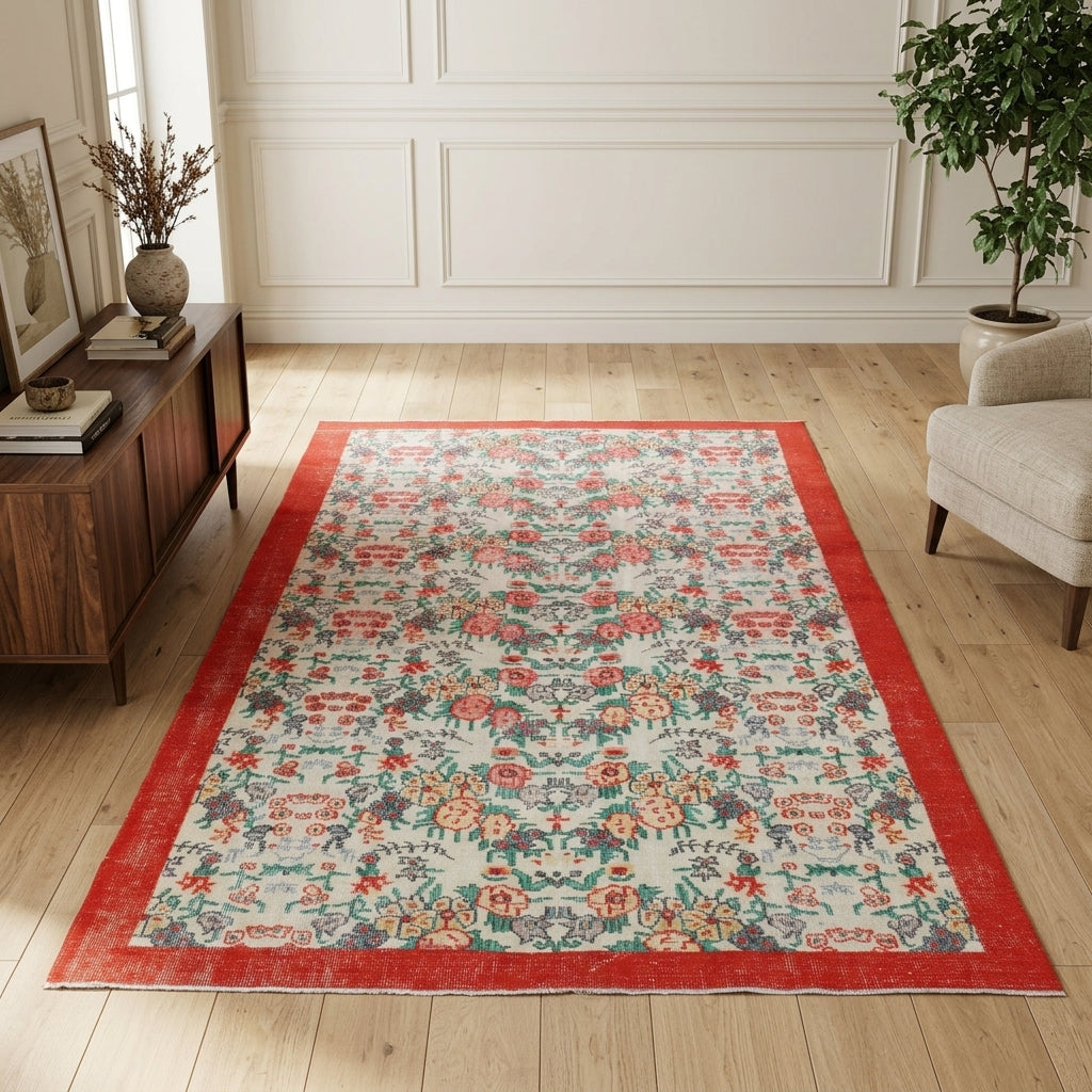 Bordered and floral pattern on the Hurrem antique washed vintage area rug – handmade in Anatolia, Turkey