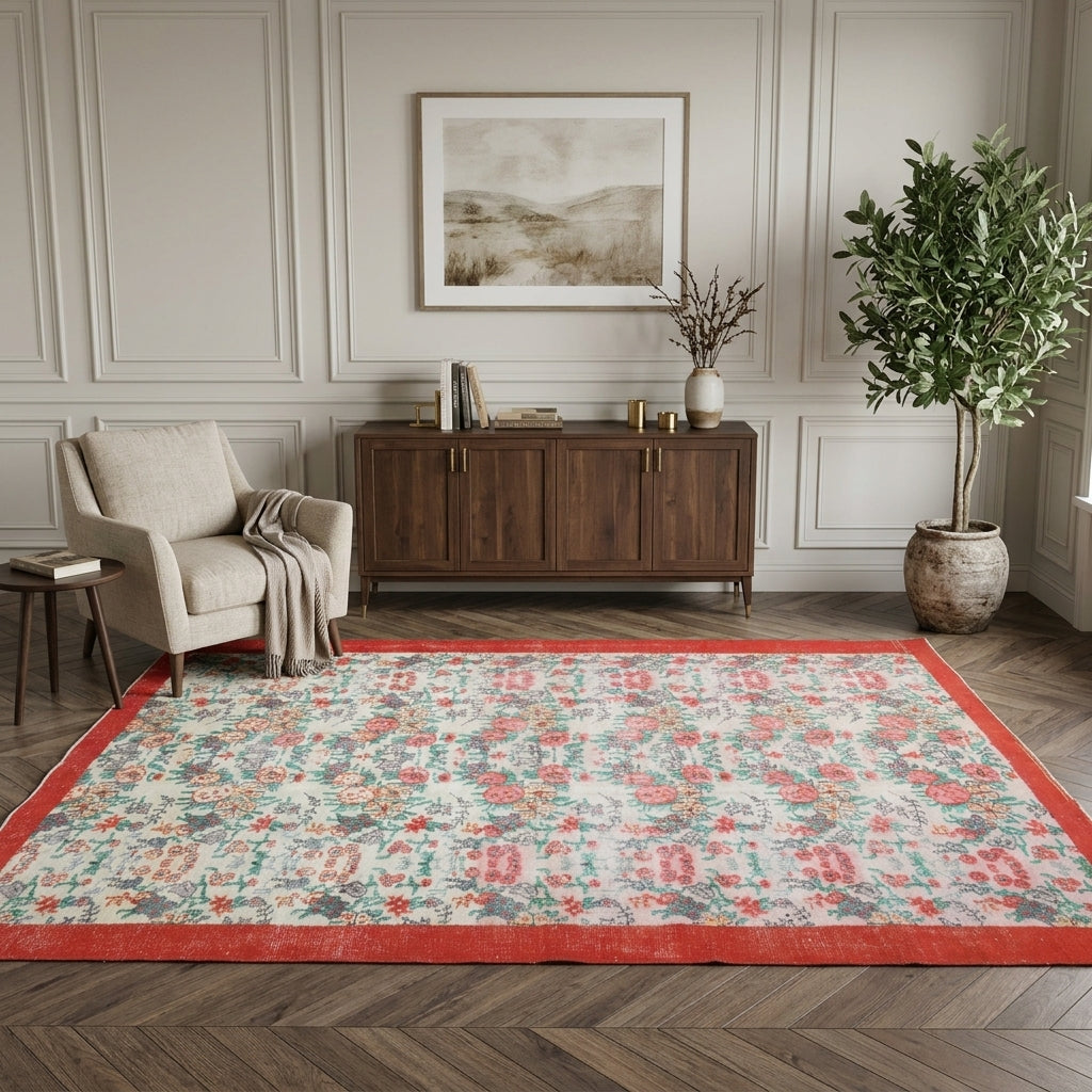 Bordered and floral pattern on the Hurrem antique washed vintage area rug – handmade in Anatolia, Turkey