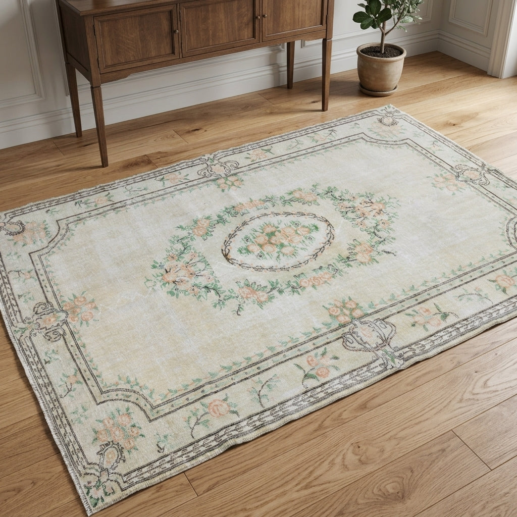 Medallion and floral pattern on the Hilalsel vintage area rug – handmade in Anatolia, Turkey