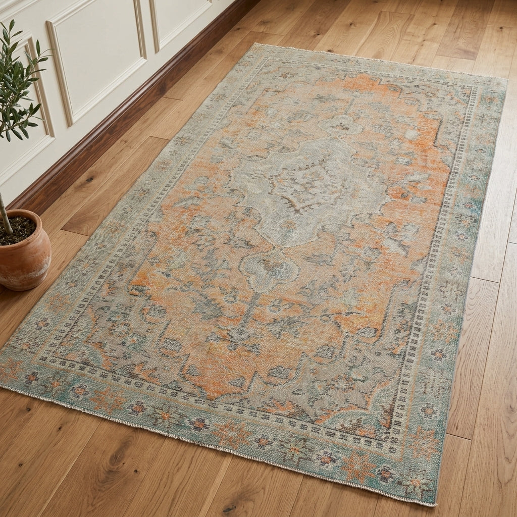 Oriental pattern on the Heliorhoda antique washed vintage area rug – handmade in Anatolia, Turkey