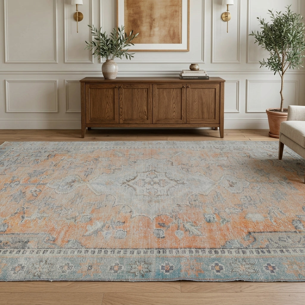 Oriental pattern on the Heliorhoda antique washed vintage area rug – handmade in Anatolia, Turkey