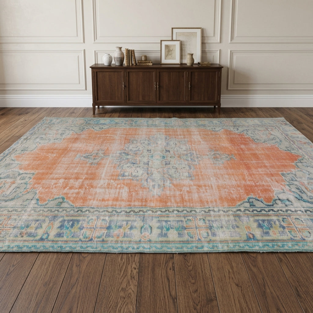 Oriental pattern on the Hedysthene antique washed vintage area rug – handmade in Anatolia, Turkey