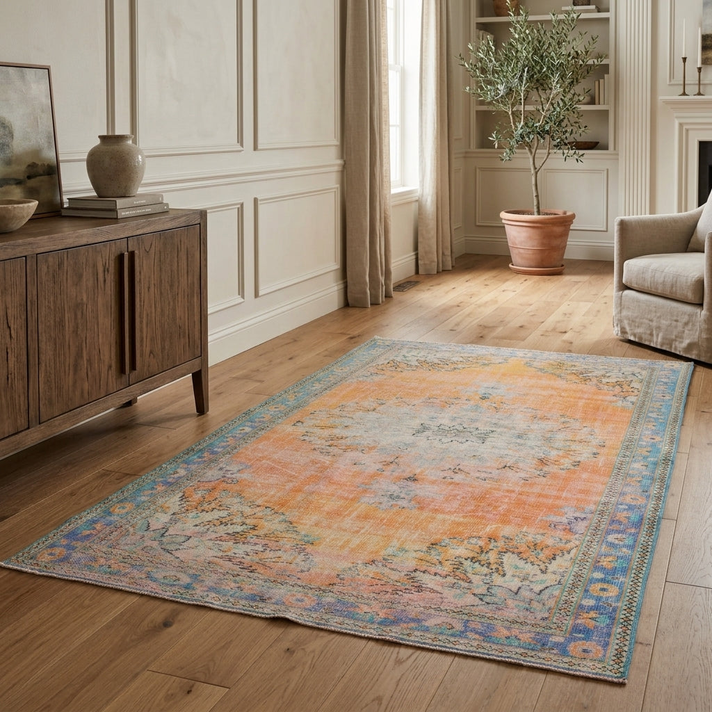 Oriental pattern on the Hedyphrosyne antique washed vintage area rug – handmade in Anatolia, Turkey